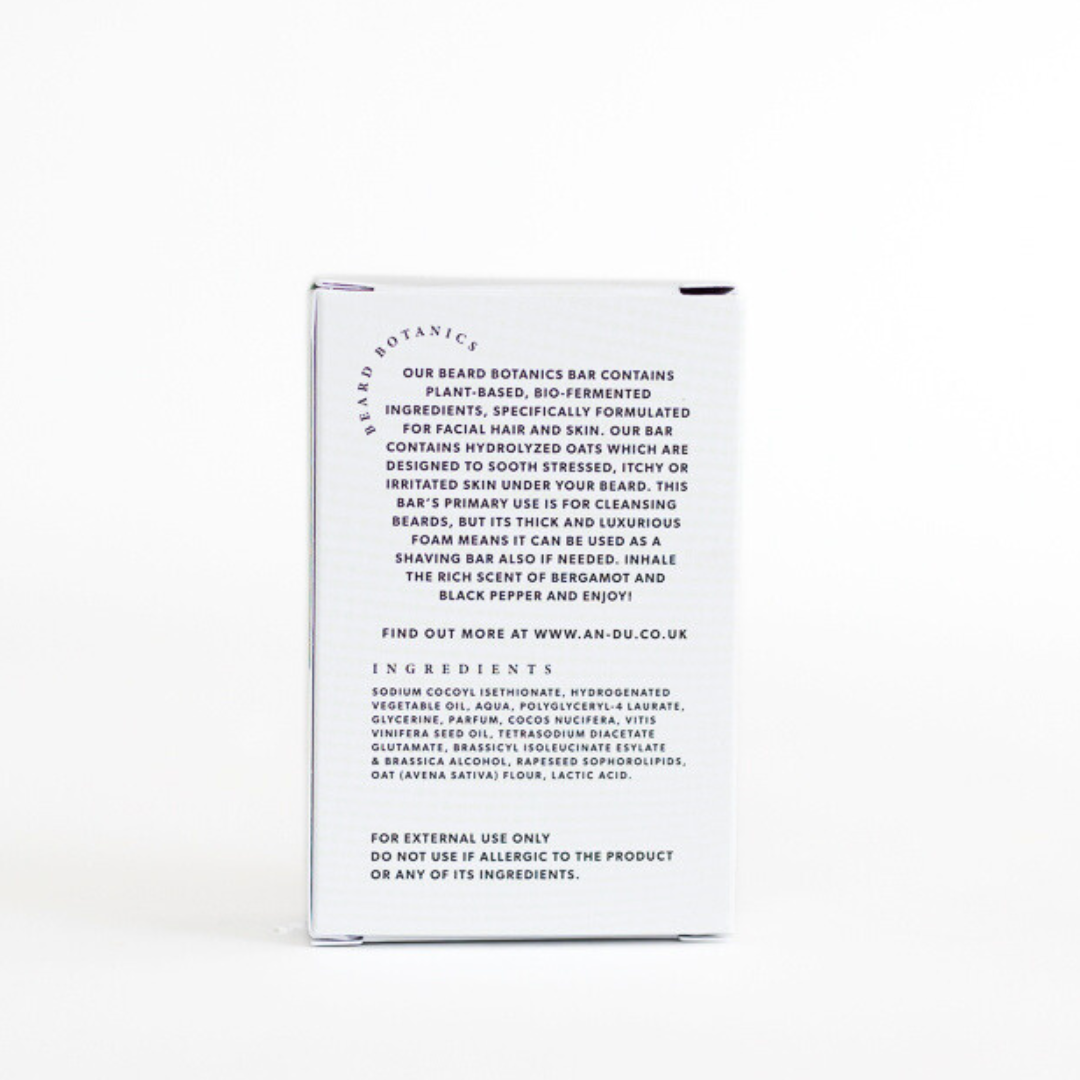 Shampoo bar for beards and hair, back of package